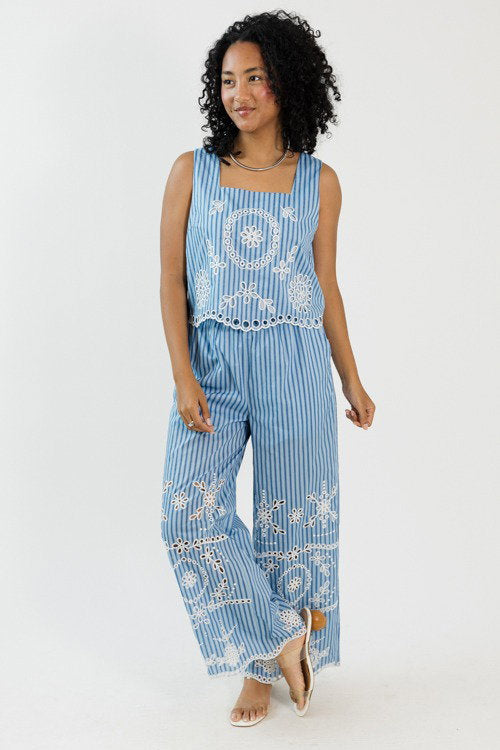 Embroidered Pants Set, Blue