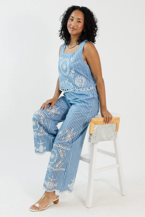 Embroidered Pants Set, Blue