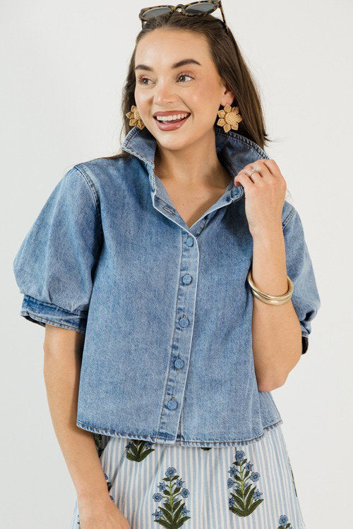 Puff Sleeve Denim Button Top