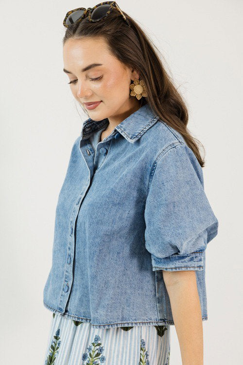 Puff Sleeve Denim Button Top