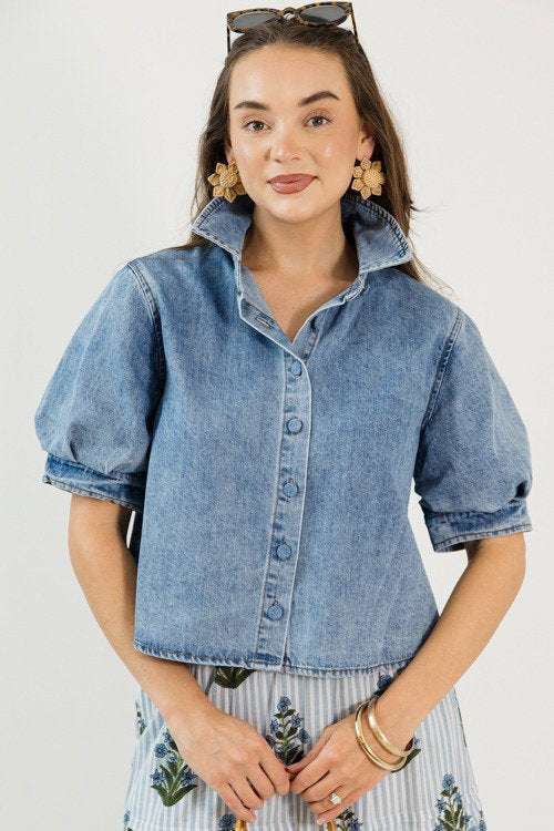 Puff Sleeve Denim Button Top