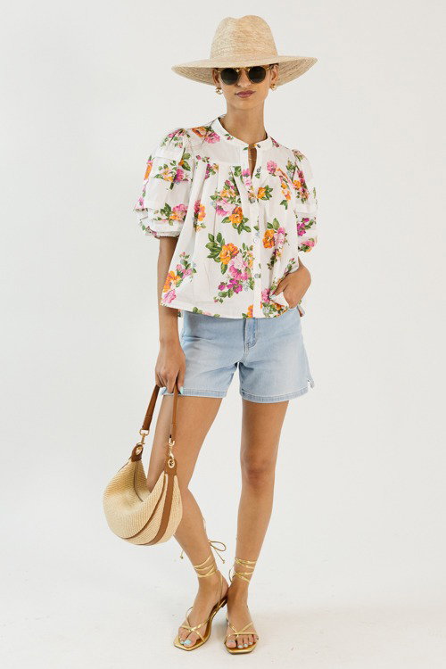 Pleated Floral Top, White/Pink