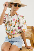 Pleated Floral Top, White/Pink
