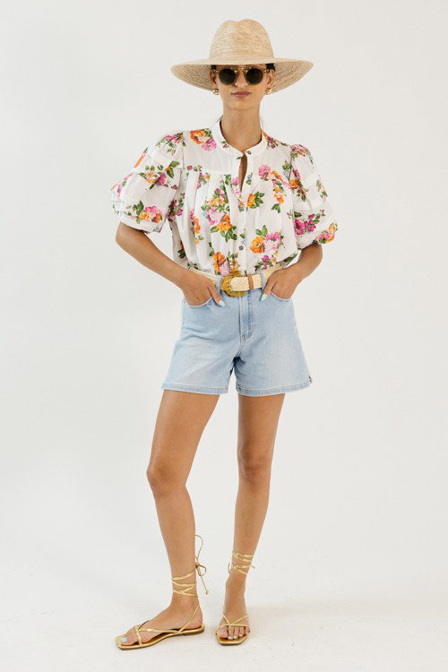 Pleated Floral Top, White/Pink