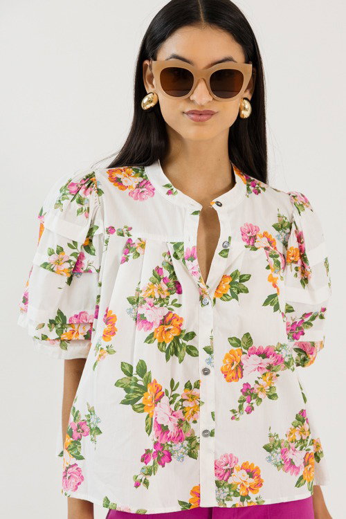 Pleated Floral Top, White/Pink