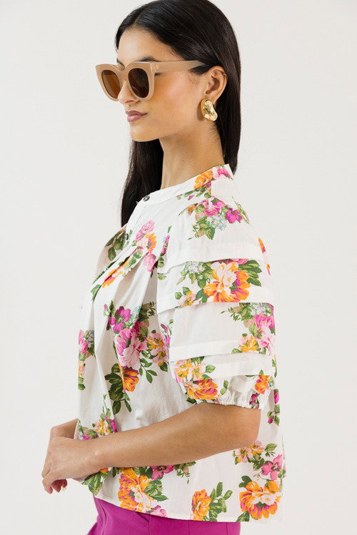 Pleated Floral Top, White/Pink