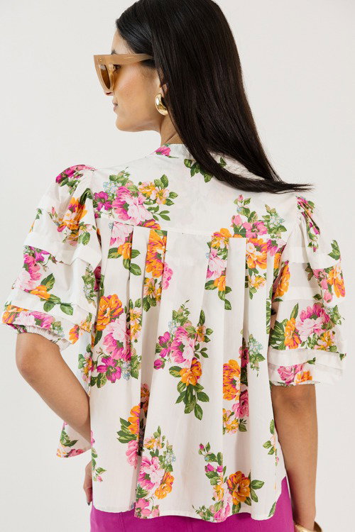 Pleated Floral Top, White/Pink