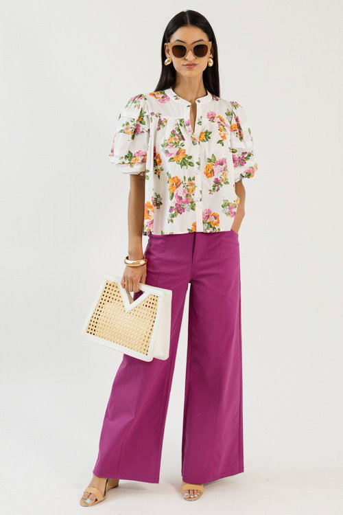 Pleated Floral Top, White/Pink