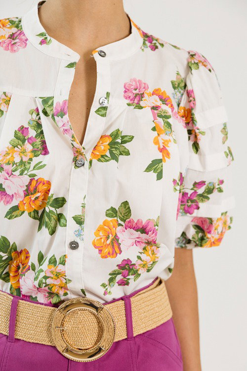 Pleated Floral Top, White/Pink