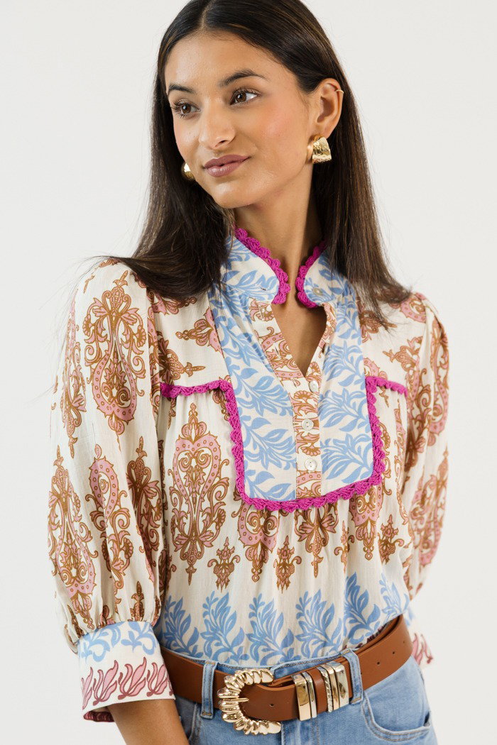 Crochet Trim Printed Top, Pink