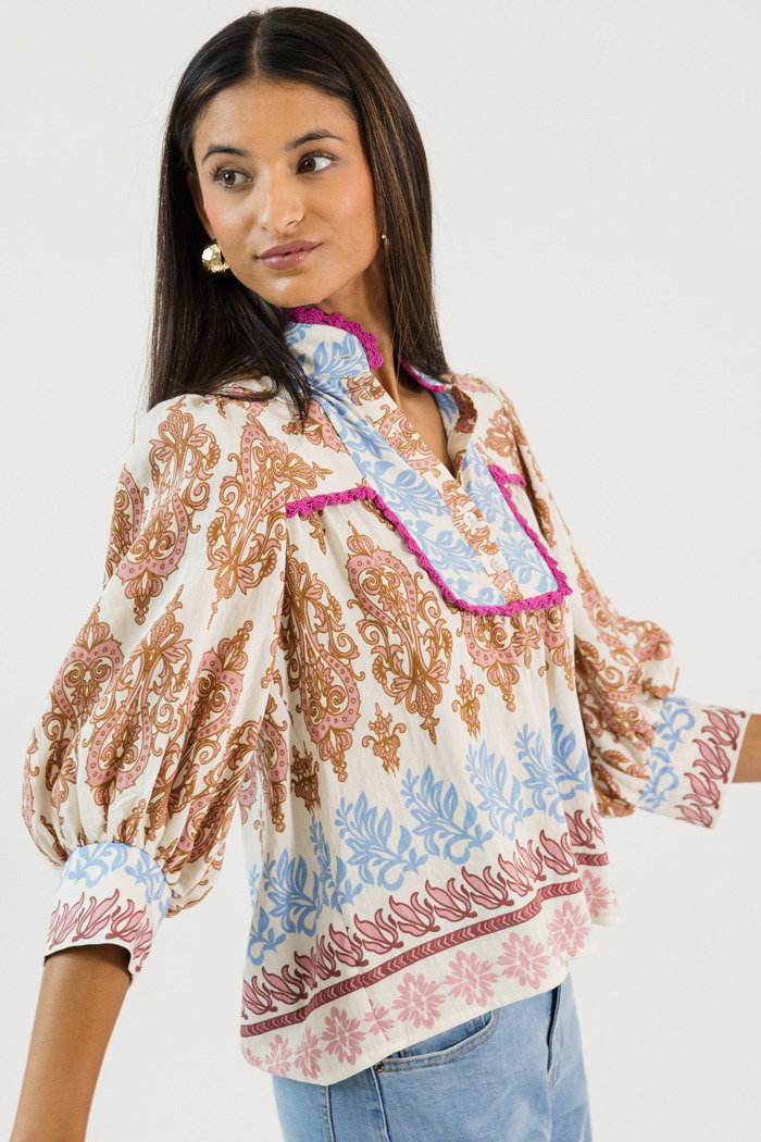 Crochet Trim Printed Top, Pink