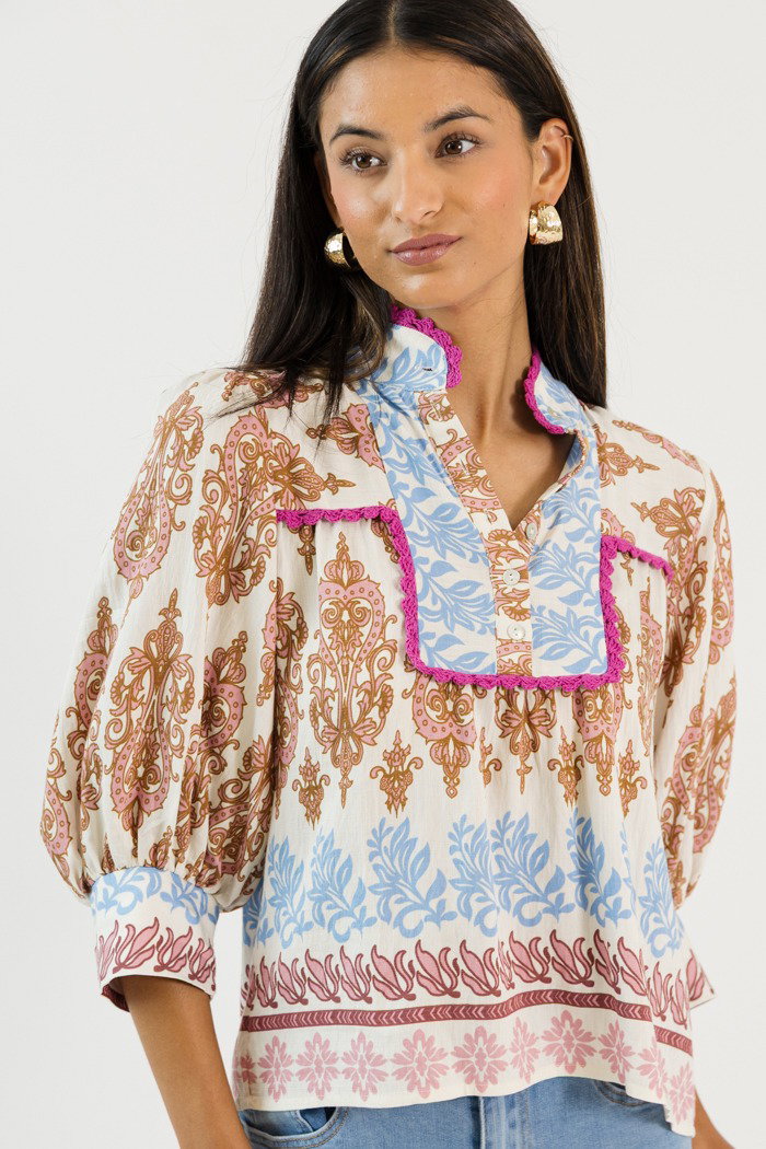 Crochet Trim Printed Top, Pink