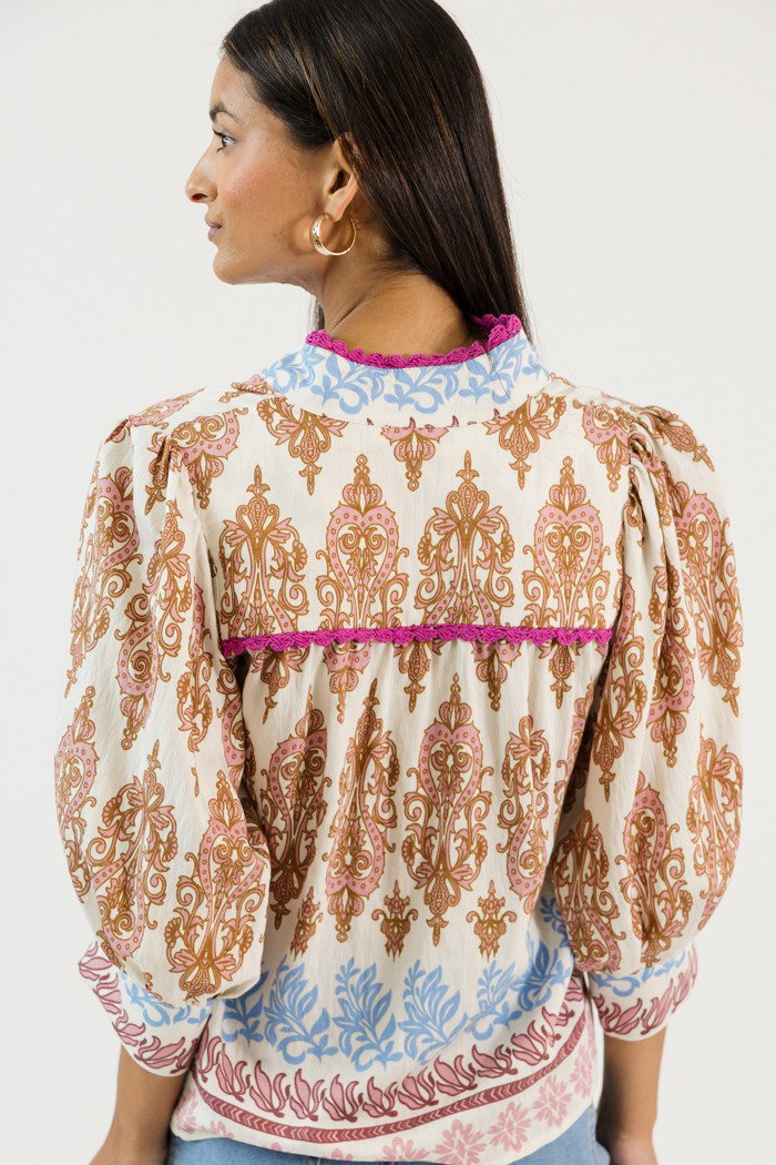 Crochet Trim Printed Top, Pink