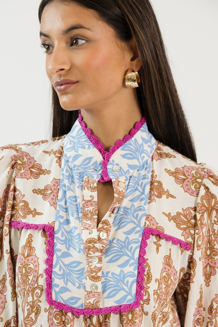 Crochet Trim Printed Top, Pink