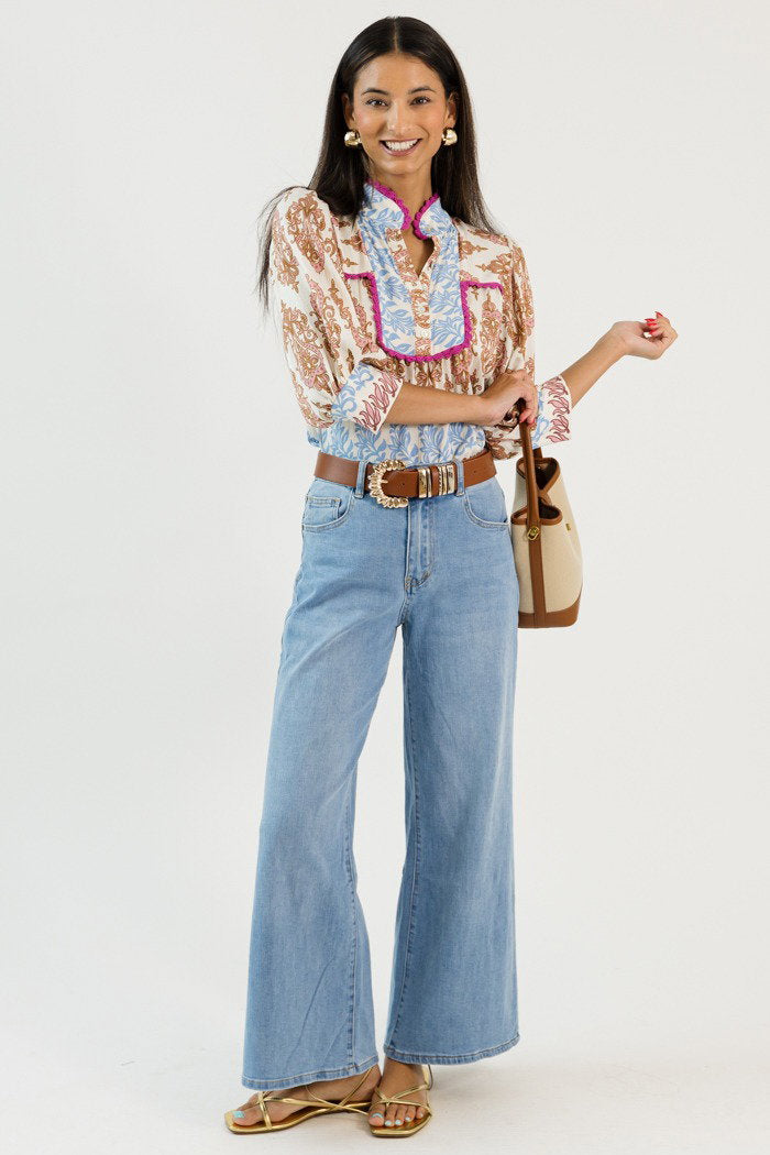 Crochet Trim Printed Top, Pink