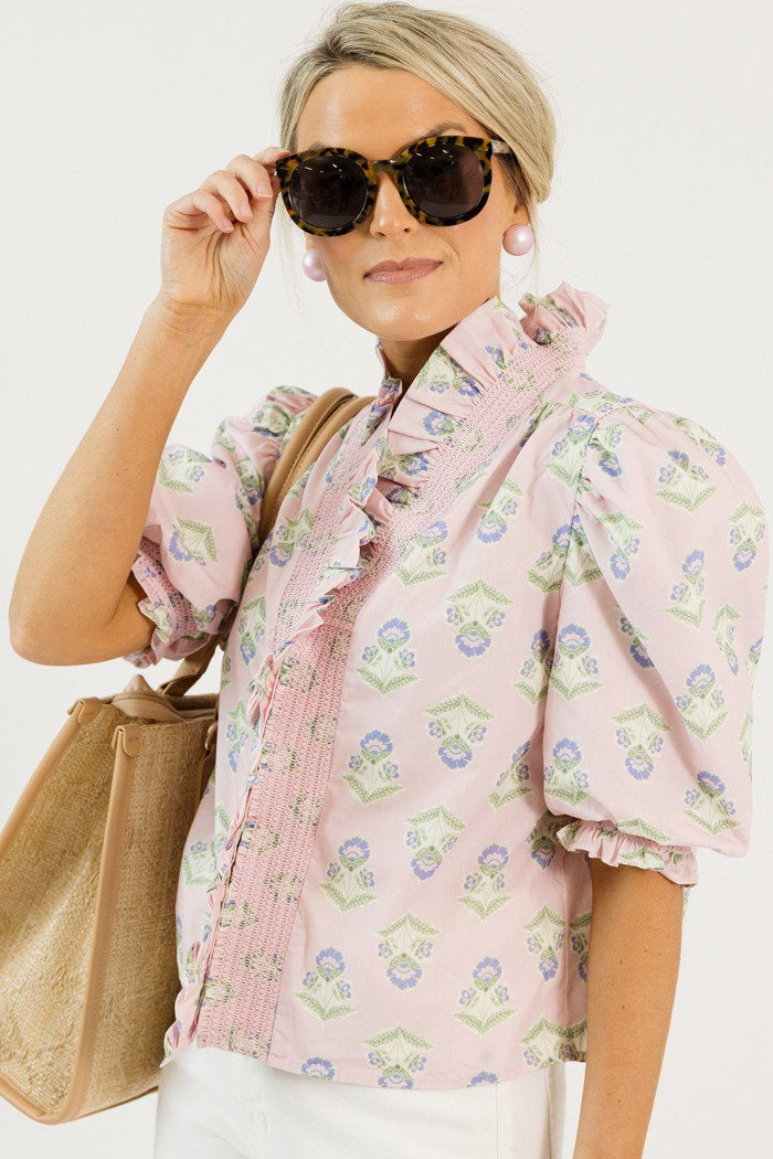 French Floral Ruffle Top, Pink