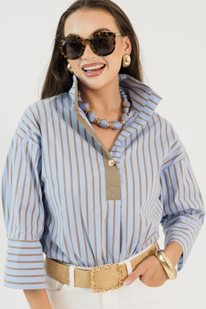 Popped Collar Blouse, Blue Stripe