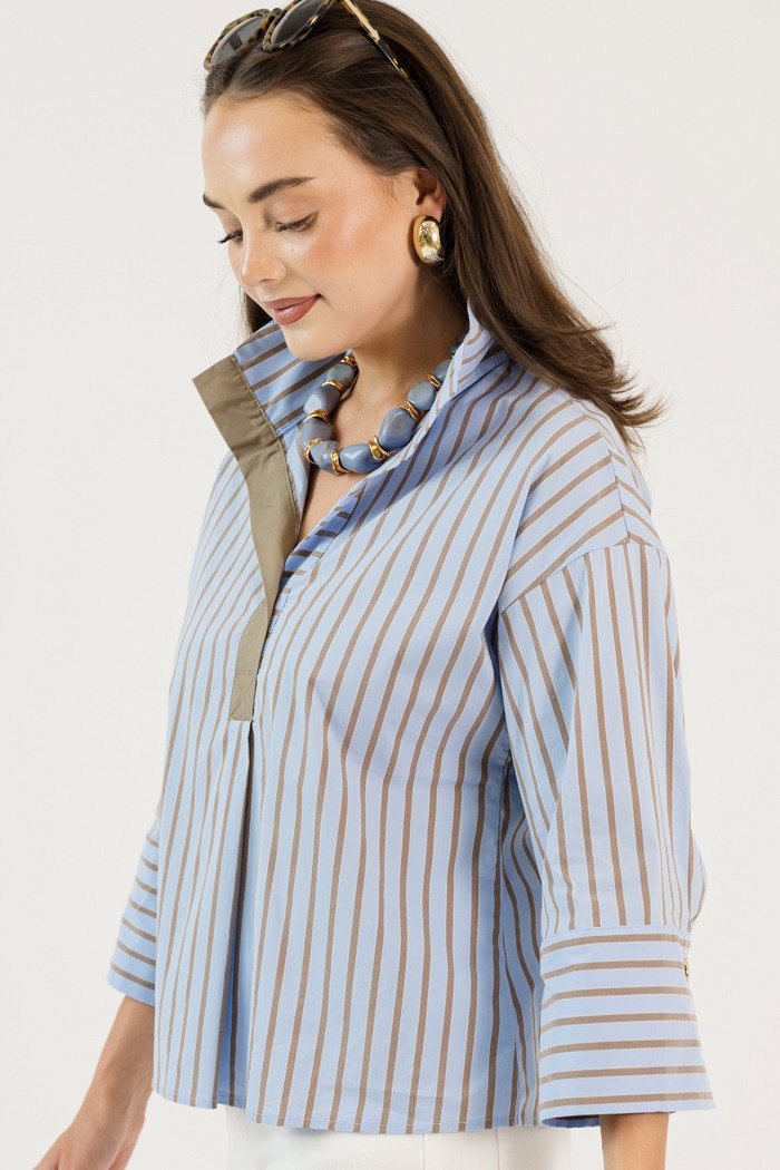 Popped Collar Blouse, Blue Stripe