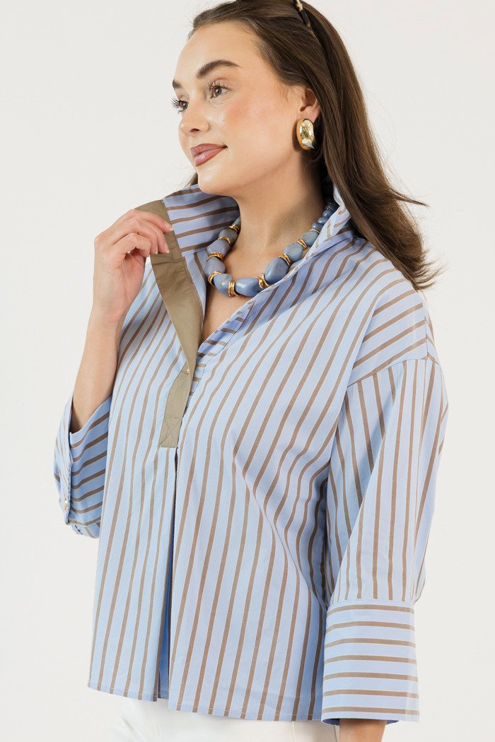 Popped Collar Blouse, Blue Stripe