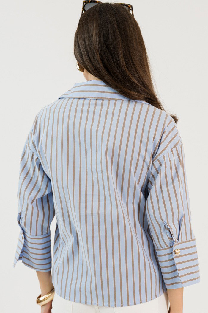 Popped Collar Blouse, Blue Stripe
