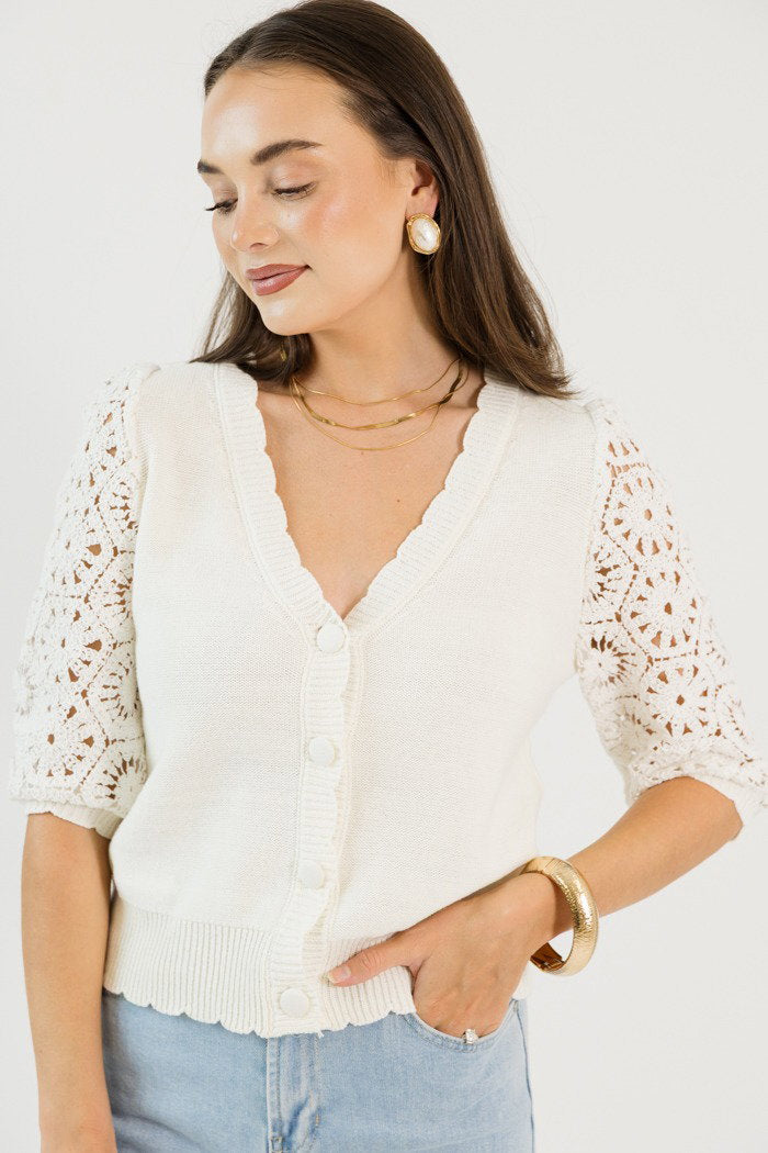 Crochet Sleeve Cardigan, Off White