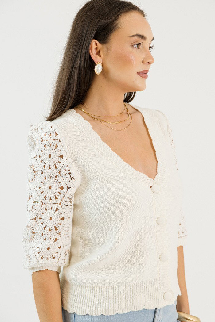 Crochet Sleeve Cardigan, Off White