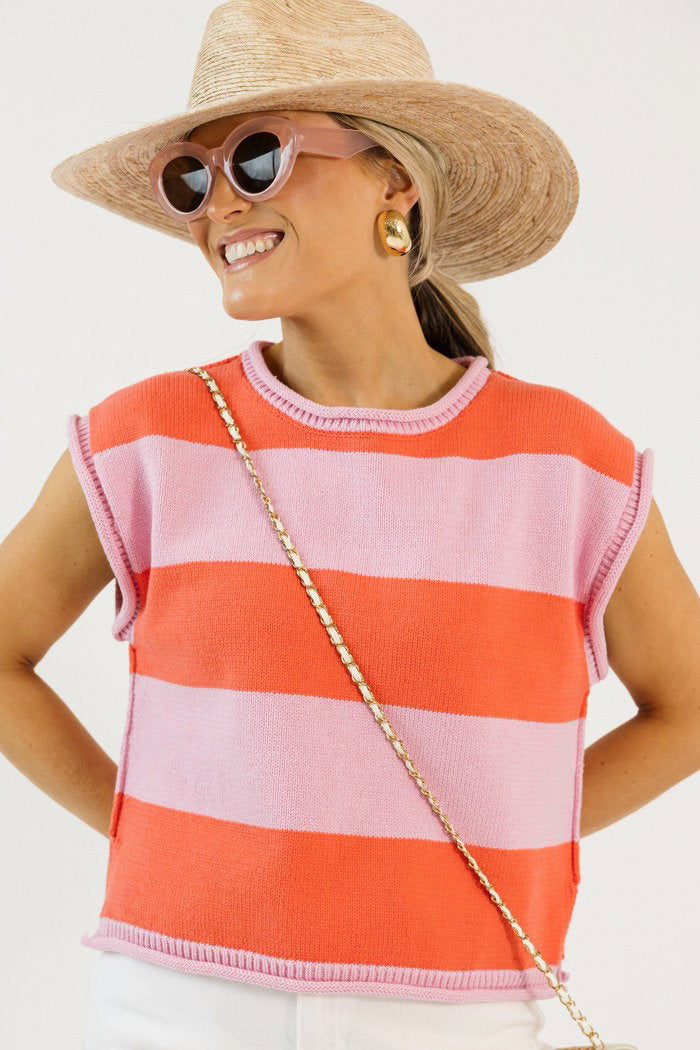 Sleeveless Stripe Sweater, Pink