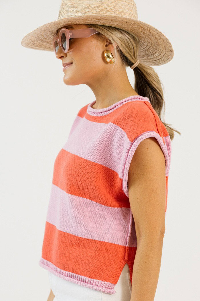 Sleeveless Stripe Sweater, Pink