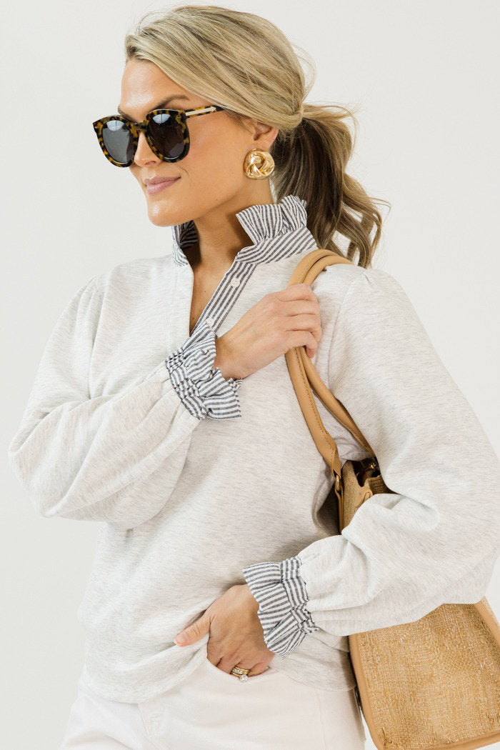 Contrast Collar Modal Top, Heather White