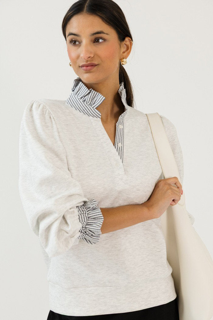Contrast Collar Modal Top, Heather White