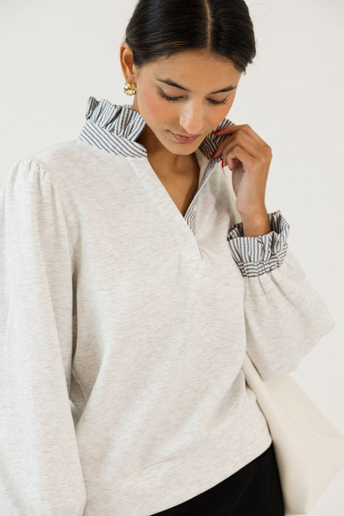 Contrast Collar Modal Top, Heather White