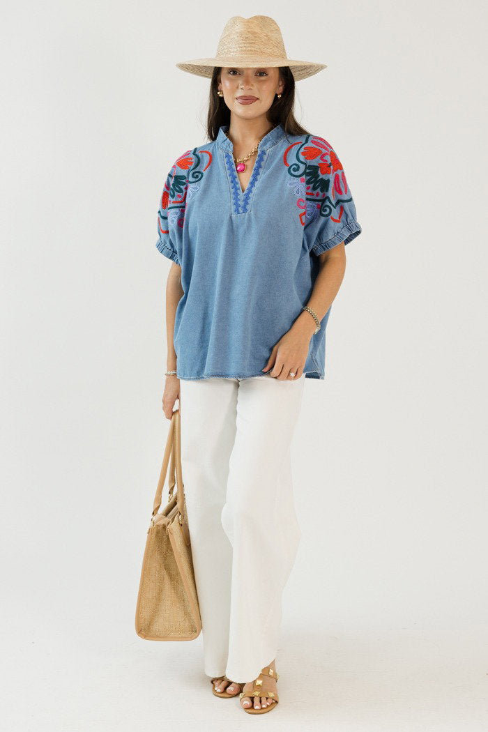 Embroidered Chambray Top