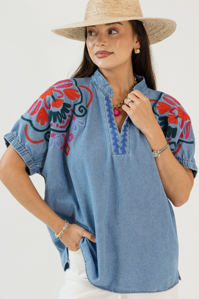 Embroidered Chambray Top