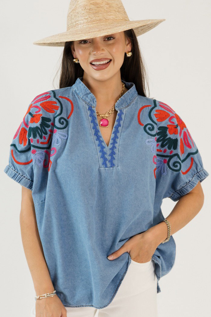 Embroidered Chambray Top