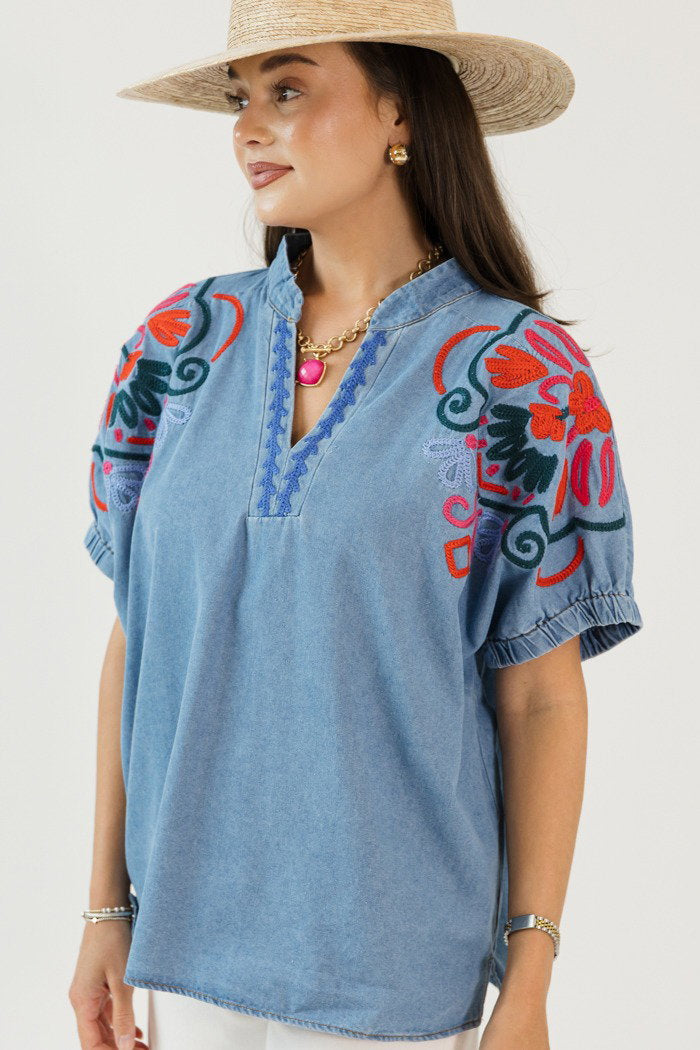 Embroidered Chambray Top