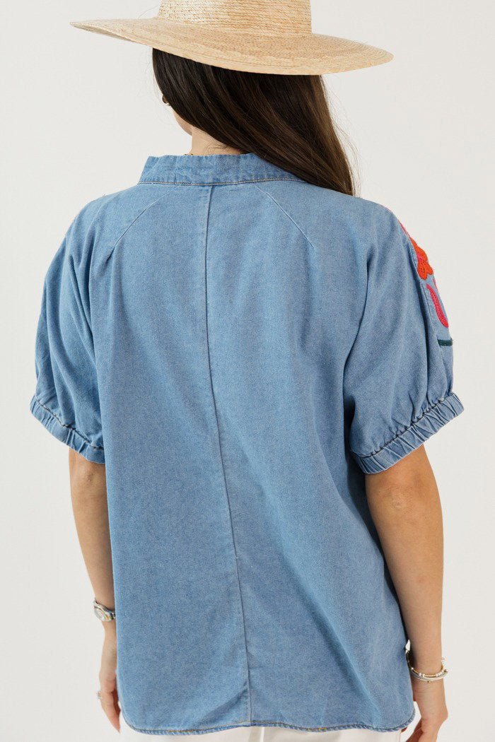 Embroidered Chambray Top