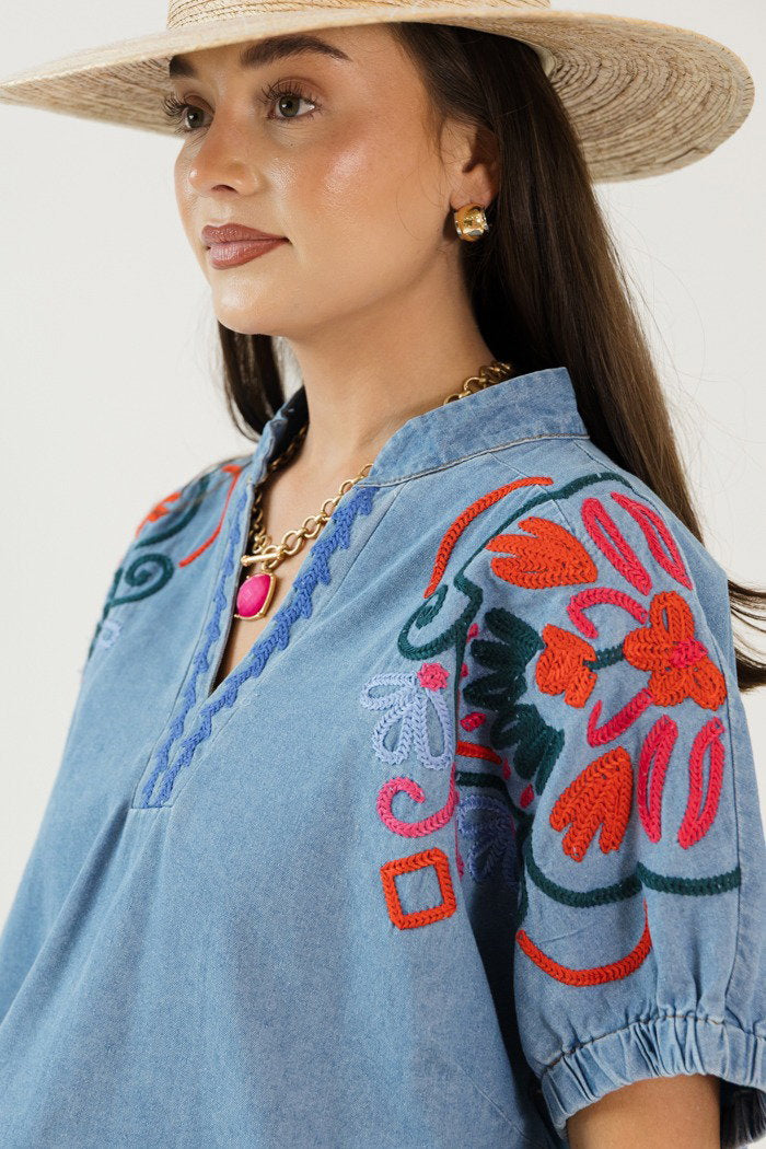 Embroidered Chambray Top
