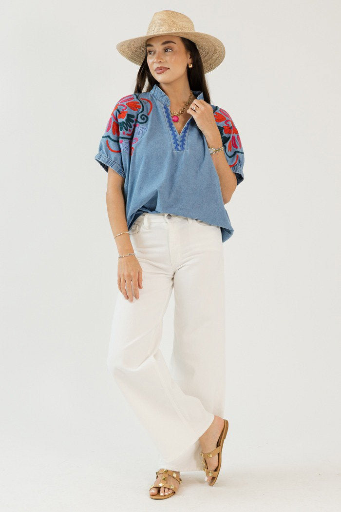 Embroidered Chambray Top