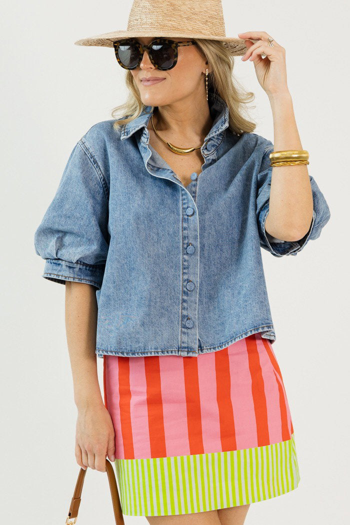 Puff Sleeve Denim Button Top