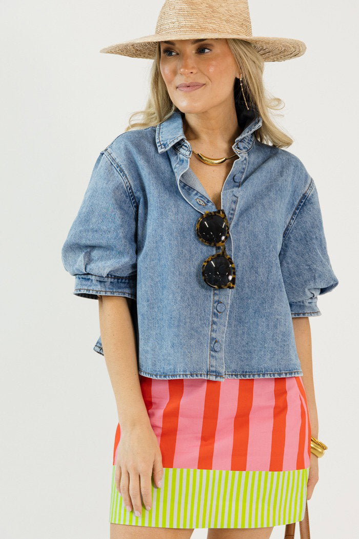 Puff Sleeve Denim Button Top