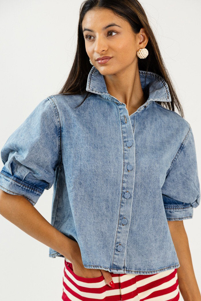 Puff Sleeve Denim Button Top