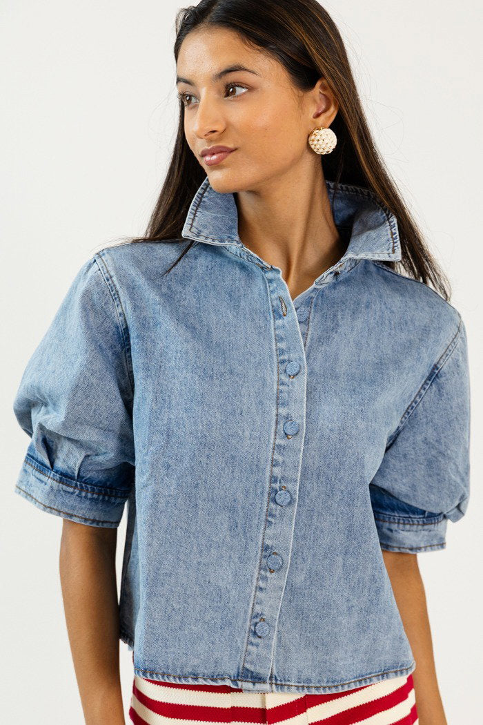 Puff Sleeve Denim Button Top