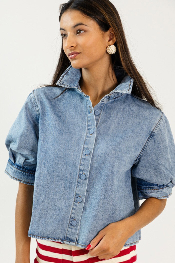 Puff Sleeve Denim Button Top