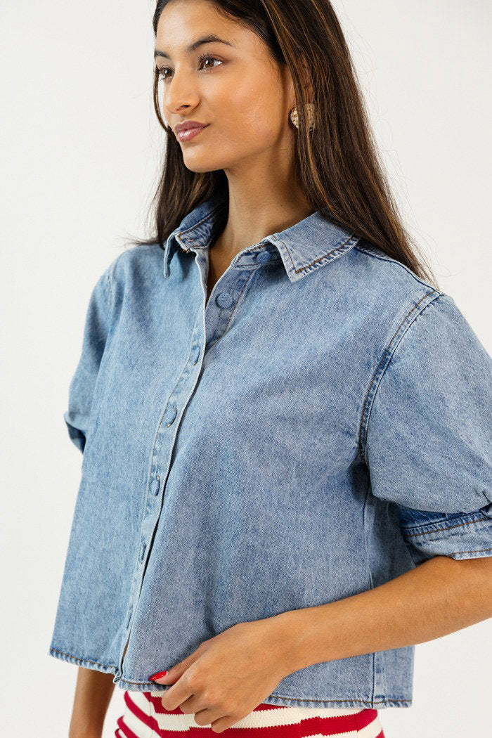 Puff Sleeve Denim Button Top