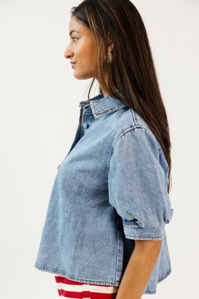 Puff Sleeve Denim Button Top