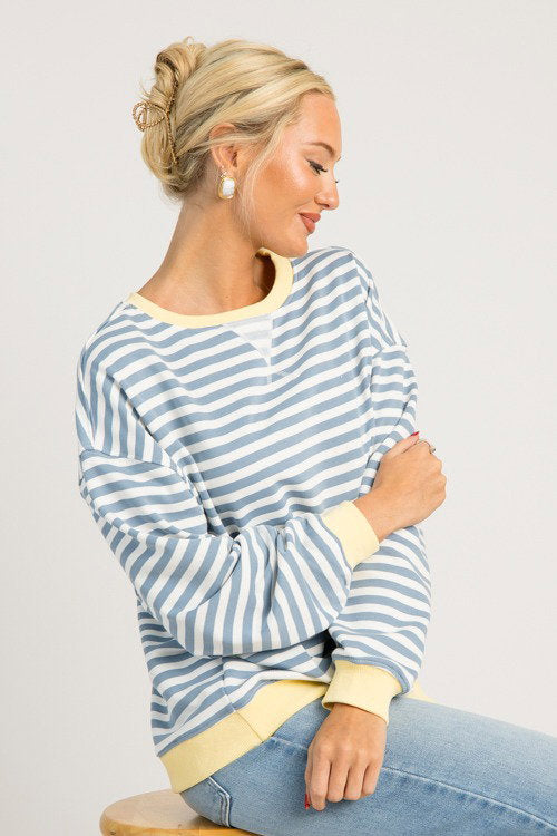 Stripe Rib Trim Sweatshirt, Antique Blue