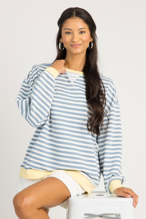 Stripe Rib Trim Sweatshirt, Antique Blue