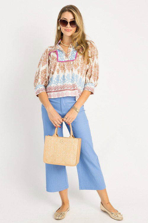 Crochet Trim Printed Top, Pink