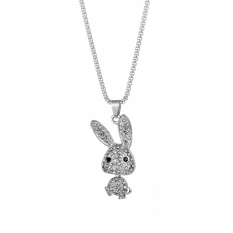 Fashion Rabbit Pendant Necklace In Titanium Steel With Rhinestone Inlay, Stylish And Durable Jewelry