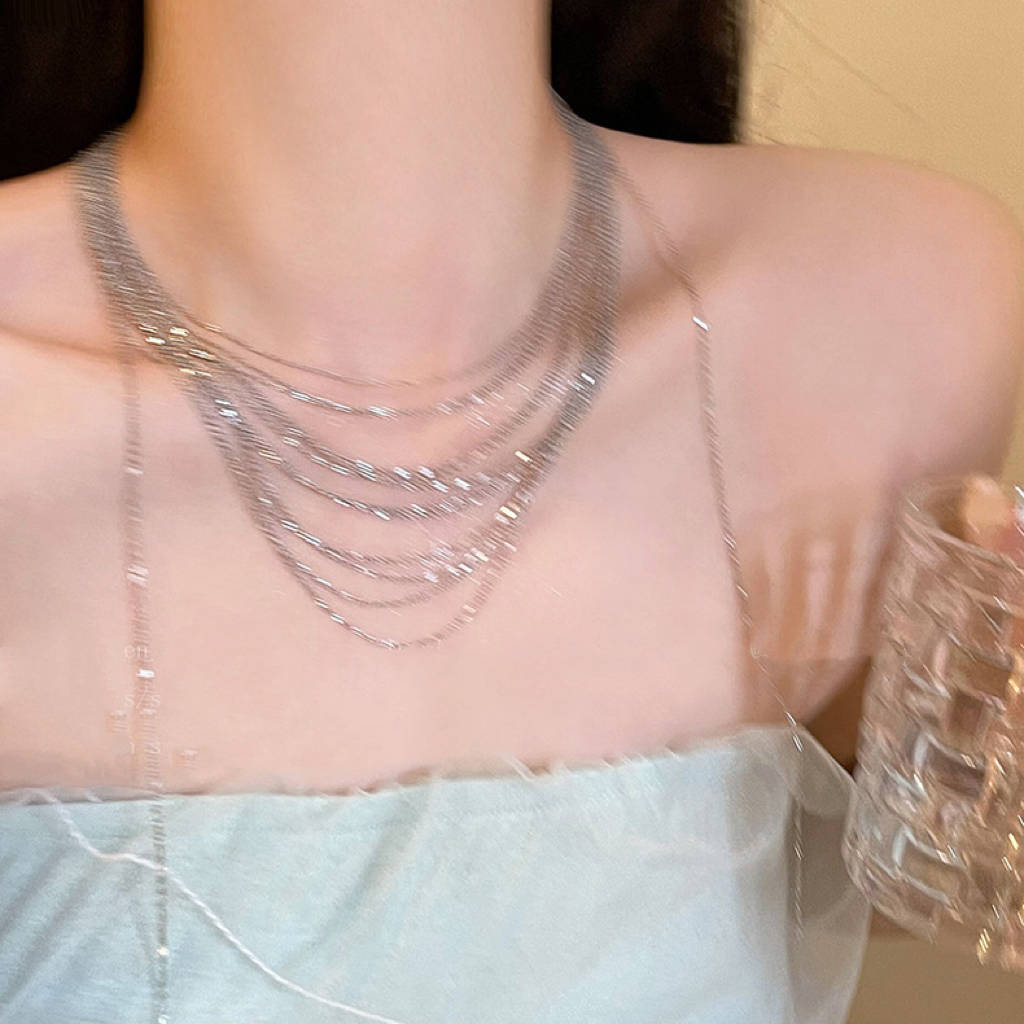 Lady Modern Style Solid Color Titanium Steel Tassel Plating Layered Necklaces
